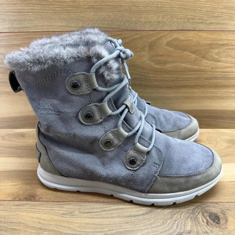 SOREL Explorer Joan Boots Womens‎ 10 Gray Suede Waterproof Faux Fur